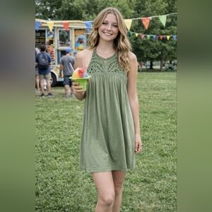 LOFT Olive Green Crochet Halter Mini Dress, size Small